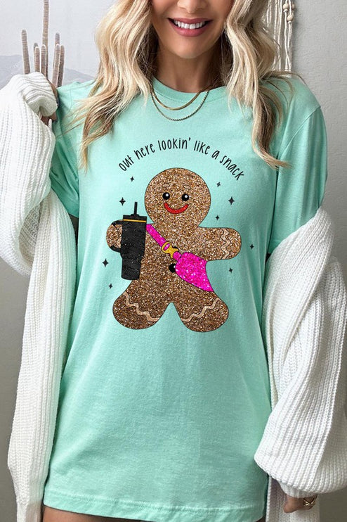 Snack-Looking Sparkly Gingerbread Christmas Holiday Unisex Short Sleeve Graphic Tee T-Shirt - Accessoriesforever