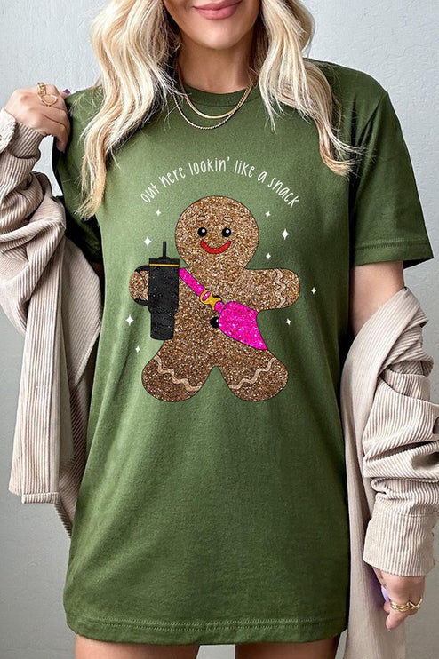 Snack-Looking Sparkly Gingerbread Christmas Holiday Unisex Short Sleeve Graphic Tee T-Shirt - Accessoriesforever