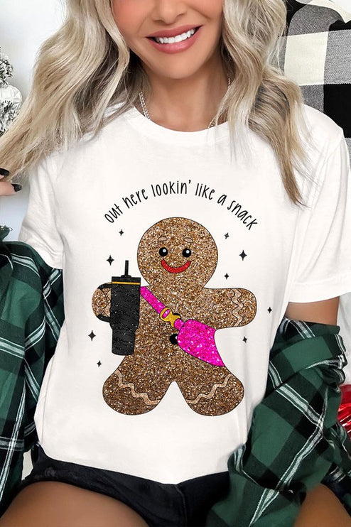 Snack-Looking Sparkly Gingerbread Christmas Holiday Unisex Short Sleeve Graphic Tee T-Shirt - Accessoriesforever
