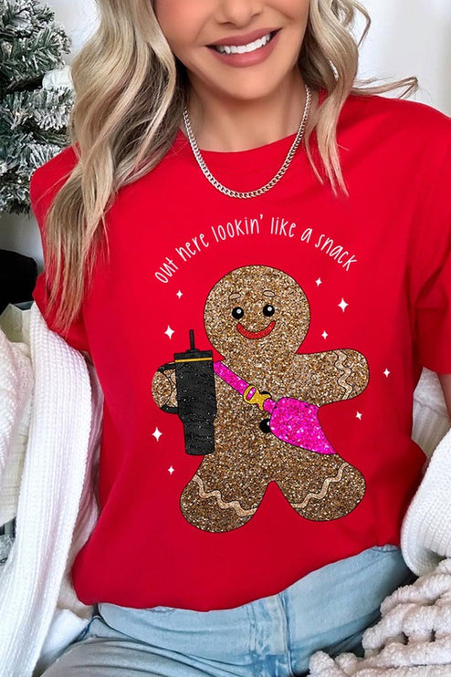 Snack-Looking Sparkly Gingerbread Christmas Holiday Unisex Short Sleeve Graphic Tee T-Shirt - Accessoriesforever