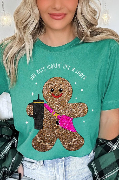 Snack-Looking Sparkly Gingerbread Christmas Holiday Unisex Short Sleeve Graphic Tee T-Shirt - Accessoriesforever