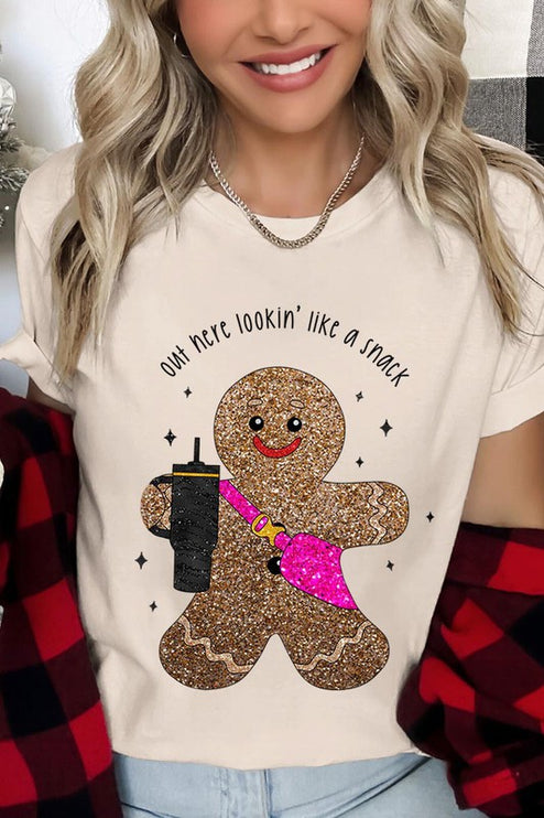 Snack-Looking Sparkly Gingerbread Christmas Holiday Unisex Short Sleeve Graphic Tee T-Shirt - Accessoriesforever