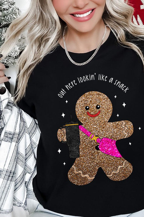 Snack-Looking Sparkly Gingerbread Christmas Holiday Unisex Short Sleeve Graphic Tee T-Shirt - Accessoriesforever