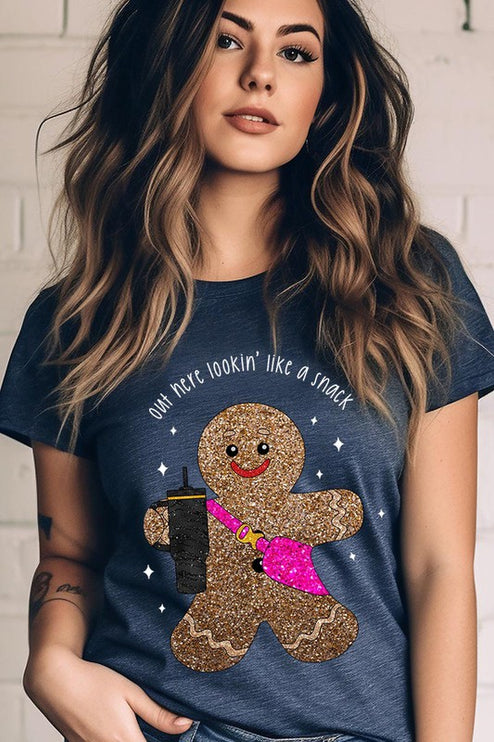 Snack-Looking Sparkly Gingerbread Christmas Holiday Unisex Short Sleeve Graphic Tee T-Shirt - Accessoriesforever