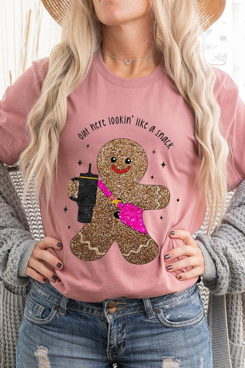 Snack-Looking Sparkly Gingerbread Christmas Holiday Unisex Short Sleeve Graphic Tee T-Shirt - Accessoriesforever