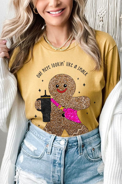 Snack-Looking Sparkly Gingerbread Christmas Holiday Unisex Short Sleeve Graphic Tee T-Shirt - Accessoriesforever