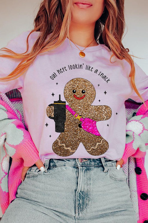 Snack-Looking Sparkly Gingerbread Christmas Holiday Unisex Short Sleeve Graphic Tee T-Shirt - Accessoriesforever