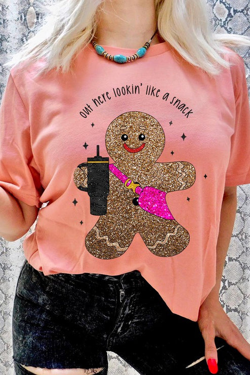 Snack-Looking Sparkly Gingerbread Christmas Holiday Unisex Short Sleeve Graphic Tee T-Shirt - Accessoriesforever