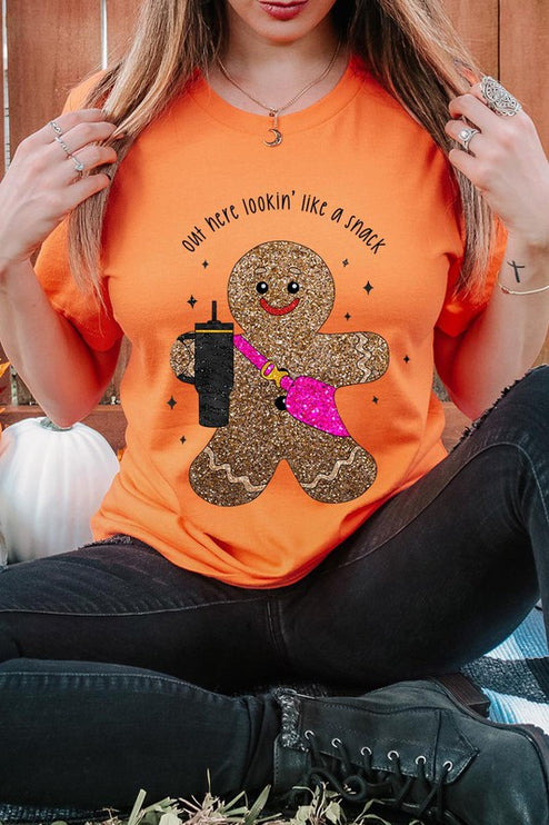 Snack-Looking Sparkly Gingerbread Christmas Holiday Unisex Short Sleeve Graphic Tee T-Shirt - Accessoriesforever