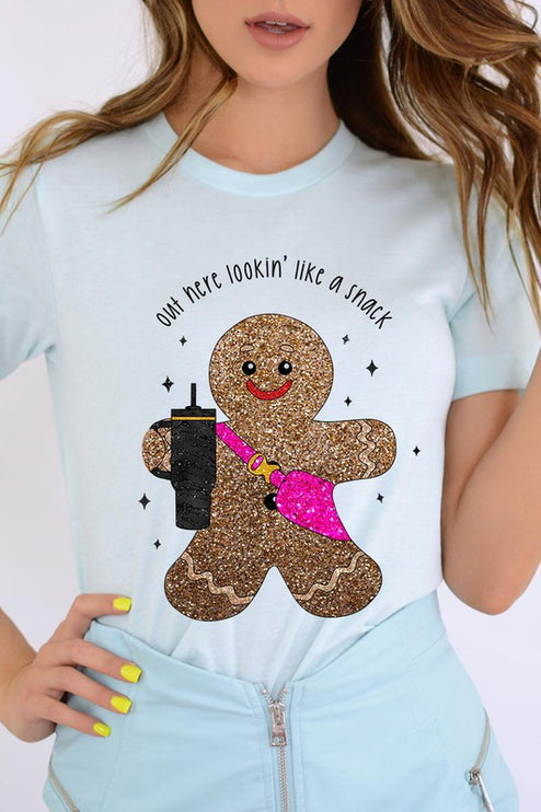 Snack-Looking Sparkly Gingerbread Christmas Holiday Unisex Short Sleeve Graphic Tee T-Shirt - Accessoriesforever