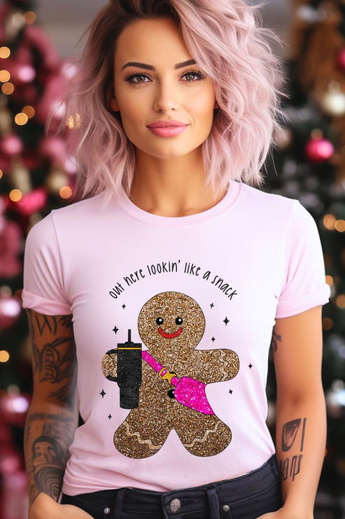 Snack-Looking Sparkly Gingerbread Christmas Holiday Unisex Short Sleeve Graphic Tee T-Shirt - Accessoriesforever