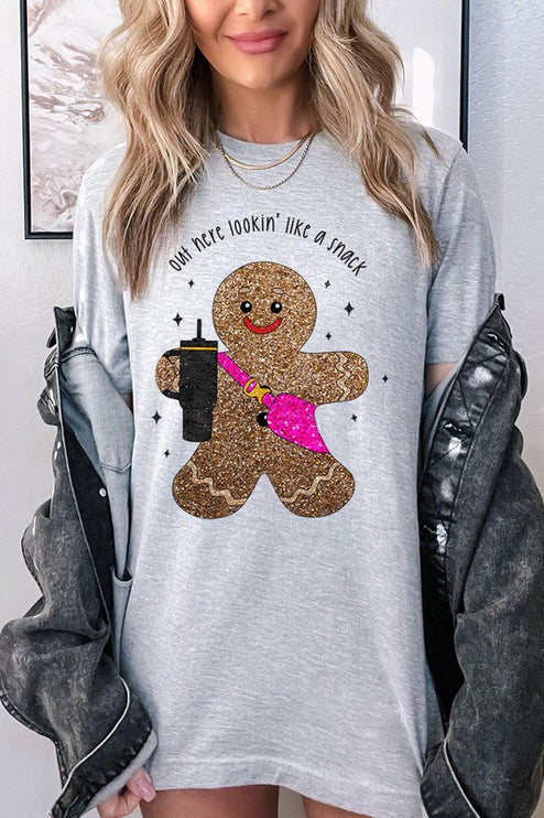 Snack-Looking Sparkly Gingerbread Christmas Holiday Unisex Short Sleeve Graphic Tee T-Shirt - Accessoriesforever
