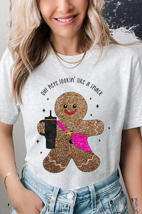Snack-Looking Sparkly Gingerbread Christmas Holiday Unisex Short Sleeve Graphic Tee T-Shirt - Accessoriesforever
