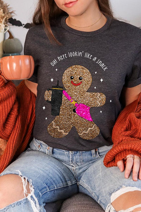 Snack-Looking Sparkly Gingerbread Christmas Holiday Unisex Short Sleeve Graphic Tee T-Shirt - Accessoriesforever