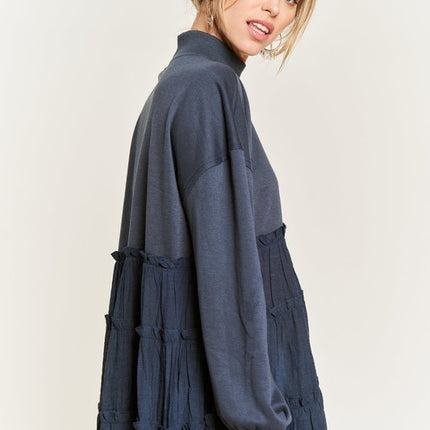 Oversized Mock Neck Tunic with Shirred Woven Tier