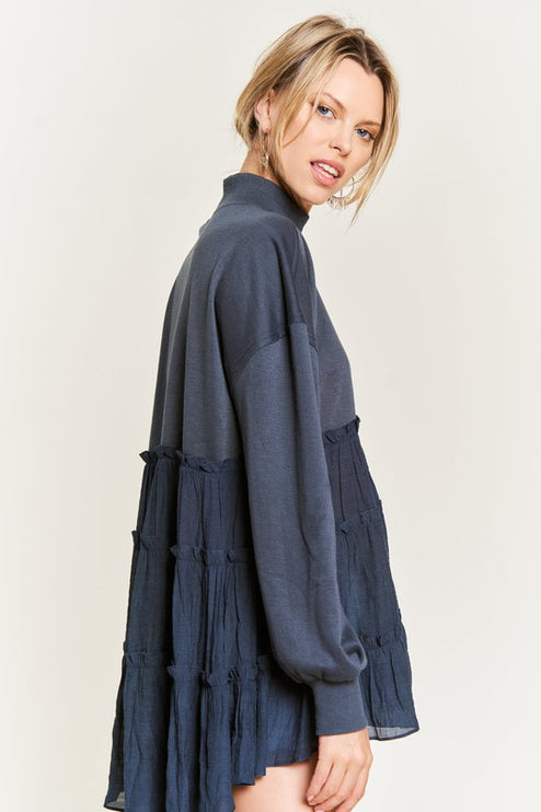Oversized Mock Neck Tunic with Shirred Woven Tier - Accessoriesforever