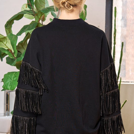 Western-Inspired Oversized Pullover with Suede Fringe and Stud Trim