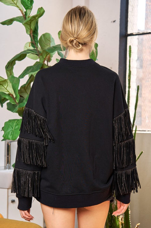 Western-Inspired Oversized Pullover with Suede Fringe and Stud Trim