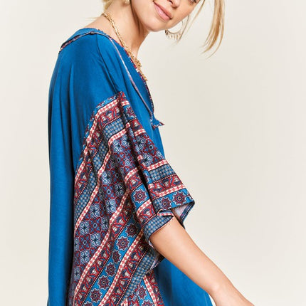 Boho Chic Blue V-Neck Tunic with Stitch Detail