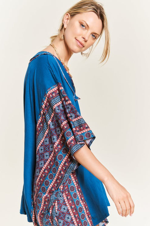 Boho Chic Blue V-Neck Tunic with Stitch Detail