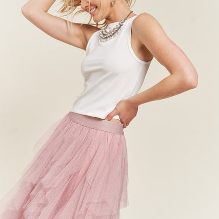 Elegant Layered Polka Dot Mesh A-Line Elastic Waist Midi Skirt