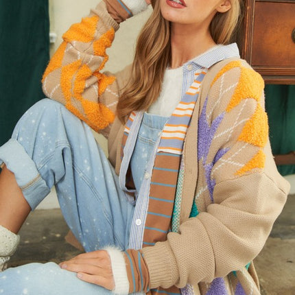 Cozy Argyle Pattern Design Button Front Loose Fit Knit Sweater Cardigan - Accessoriesforever