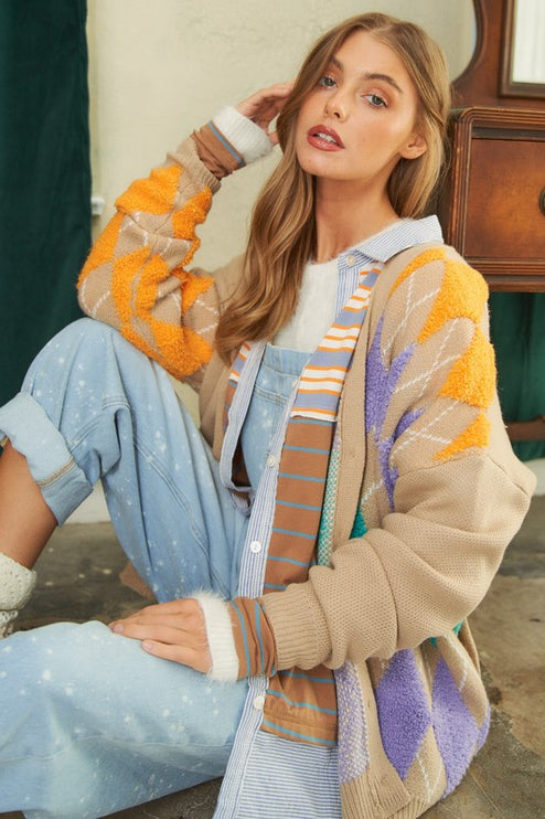 Cozy Argyle Pattern Design Button Front Loose Fit Knit Sweater Cardigan - Accessoriesforever