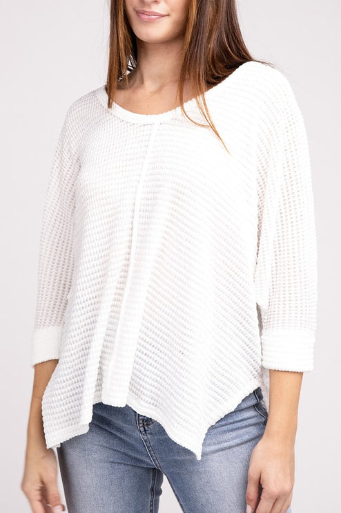 Chic Elegant Trendy 3/4 Sleeve V-Neck Hi-Low Hem Jacquard Sweater