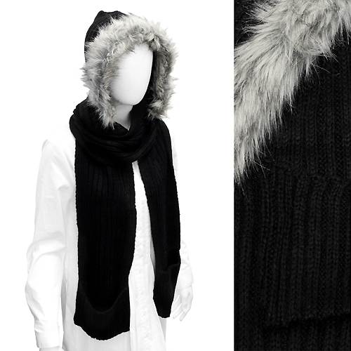 Fur Trim Hooded Hoodie Knit 1-Piece Cold Weather Winter Scarf with Pocket