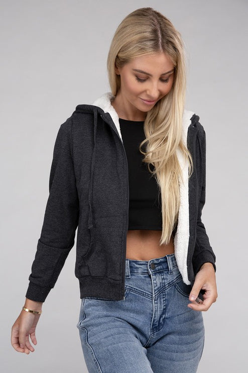 Cropped Fuzzy-Lined Zip-Up Hoodie with Long Sleeves
