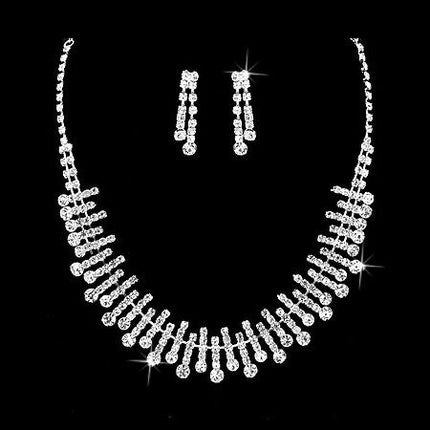 Bridal Wedding Jewelry Set Crystal Rhinestone Chic Trendy Necklace Silver Clear - Accessoriesforever