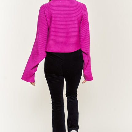 Ribbed Mock Neck Sweater with Wide Sleeves
