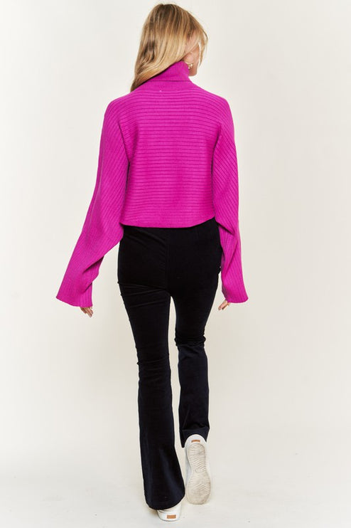 Ribbed Mock Neck Sweater with Wide Sleeves