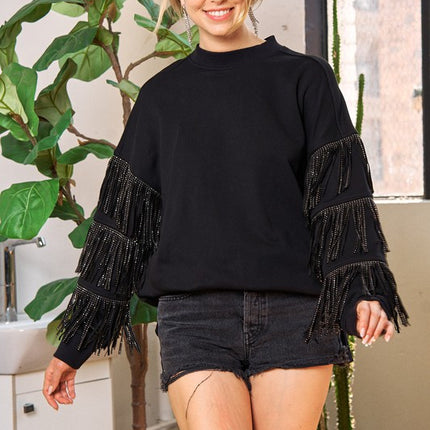 Western-Inspired Oversized Pullover with Suede Fringe and Stud Trim