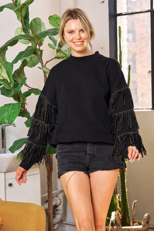 Western-Inspired Oversized Pullover with Suede Fringe and Stud Trim