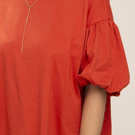 Simple Solid Cute Round Neckline Bubble Short Sleeve Fashion Top Shirt - Accessoriesforever