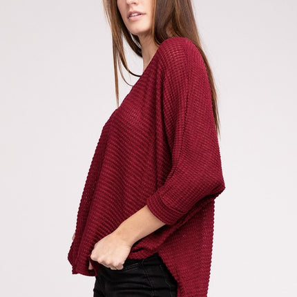 Chic Elegant Trendy 3/4 Sleeve V-Neck Hi-Low Hem Jacquard Sweater - Accessoriesforever