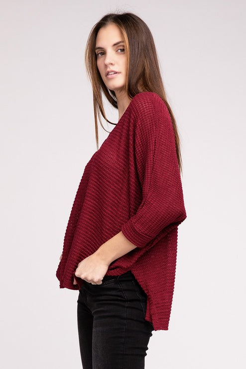 Chic Elegant Trendy 3/4 Sleeve V-Neck Hi-Low Hem Jacquard Sweater