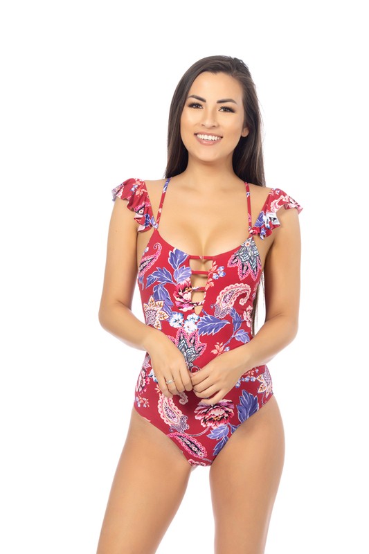 Beautiful Red Paisley Ruffled Sleeves One-Piece Swimwear Swimsuit