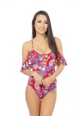Beautiful Red Paisley Ruffled Sleeves One-Piece Swimwear Swimsuit