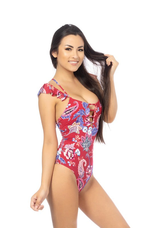Beautiful Red Paisley Ruffled Sleeves One-Piece Swimwear Swimsuit