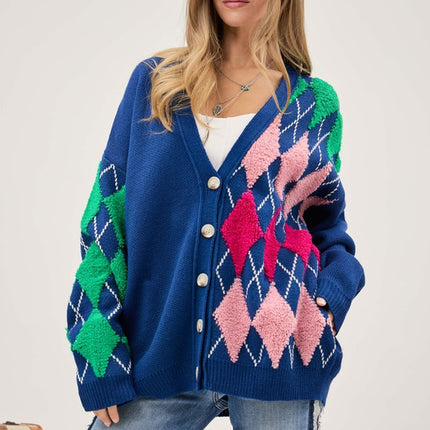 Cozy Argyle Pattern Design Button Front Loose Fit Knit Sweater Cardigan - Accessoriesforever