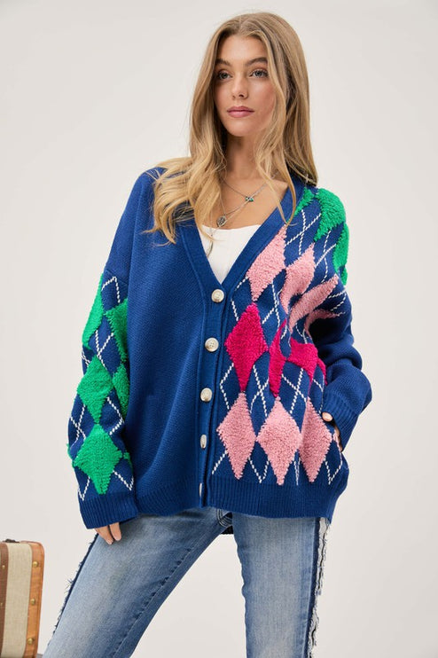 Cozy Argyle Pattern Design Button Front Loose Fit Knit Sweater Cardigan