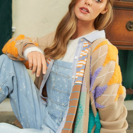 Cozy Argyle Pattern Design Button Front Loose Fit Knit Sweater Cardigan - Accessoriesforever