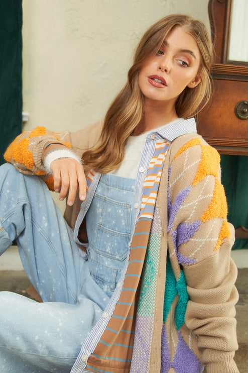 Cozy Argyle Pattern Design Button Front Loose Fit Knit Sweater Cardigan - Accessoriesforever