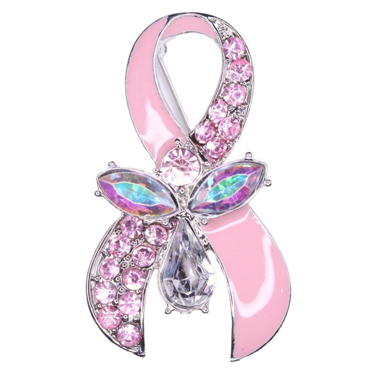 Elegance Silver Tone Breast Cancer Awareness Pink Ribbon Brooch Pin BH213 Pink - Accessoriesforever