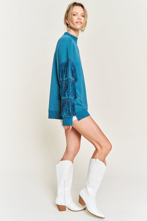 Western-Inspired Oversized Pullover with Suede Fringe and Stud Trim - Accessoriesforever