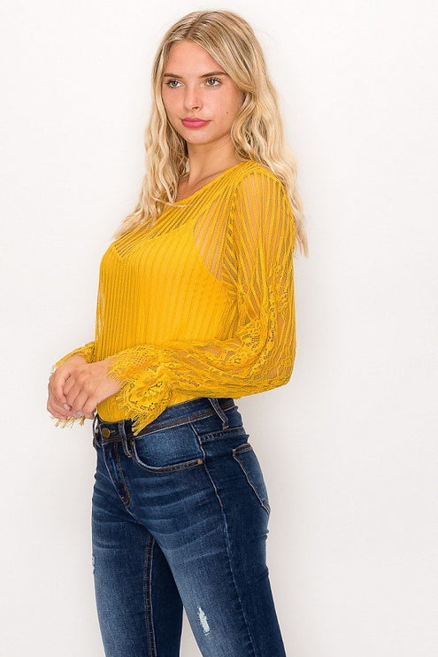 Elegant Long Sleeve Lace Trim Shadow Stripe Bodysuit