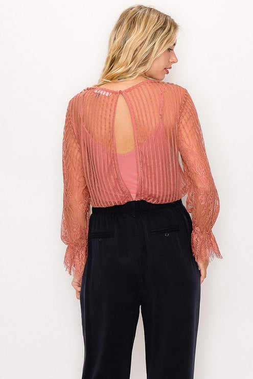 Elegant Long Sleeve Lace Trim Shadow Stripe Bodysuit