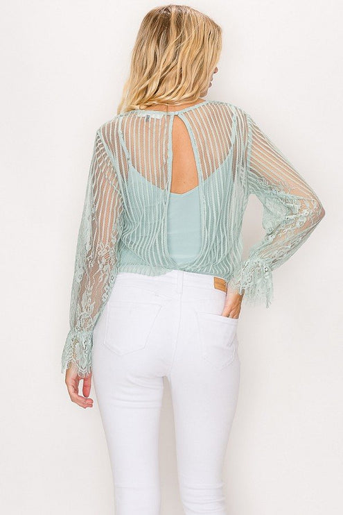 Elegant Long Sleeve Lace Trim Shadow Stripe Bodysuit - Accessoriesforever
